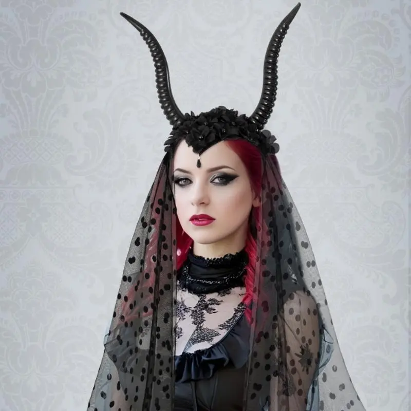 39BB Punk Goat Horn Headband Veil Hairband Dark Series Women Photo Props Headwear