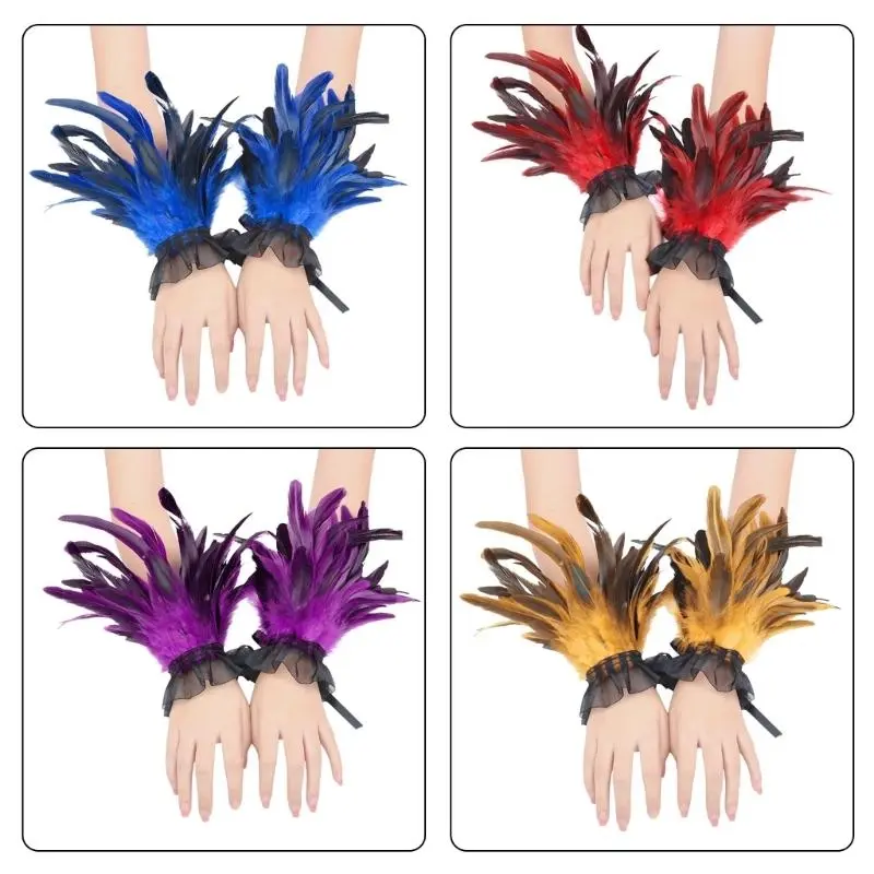 652F Feathered Hand Cuffs Women Punk Arm Sleeves Halloween Party Wrist Decoration Arm Cuffs Armwear for Various Occasion