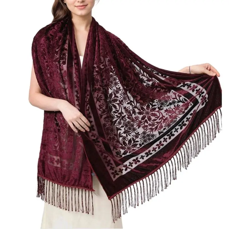 652F Luxurious Shawl for Women Evening Dress Shoulder Wrap Multifunctional Long Fringed Scarf with Embroidery