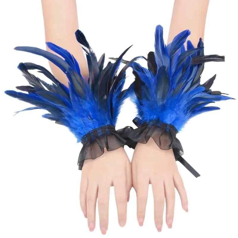652F Feathered Hand Cuffs Women Punk Arm Sleeves Halloween Party Wrist Decoration Arm Cuffs Armwear for Various Occasion