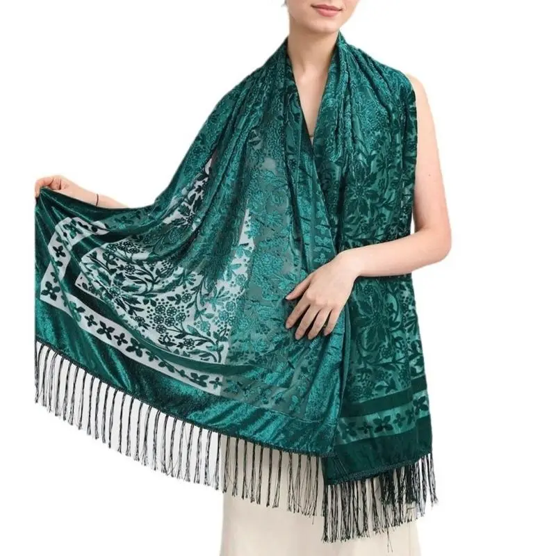 652F Luxurious Shawl for Women Evening Dress Shoulder Wrap Multifunctional Long Fringed Scarf with Embroidery