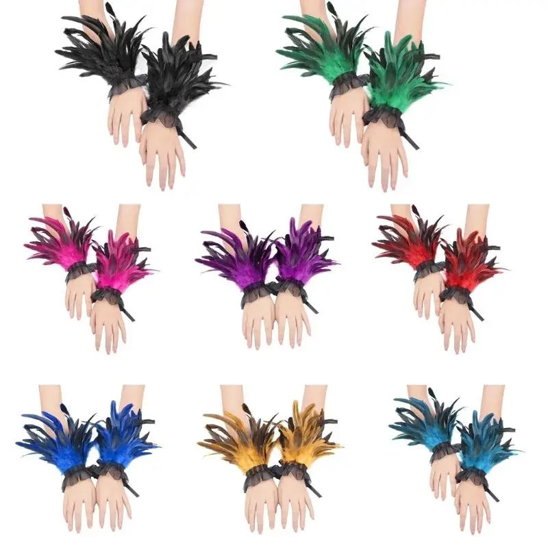 652F Feathered Hand Cuffs Women Punk Arm Sleeves Halloween Party Wrist Decoration Arm Cuffs Armwear for Various Occasion