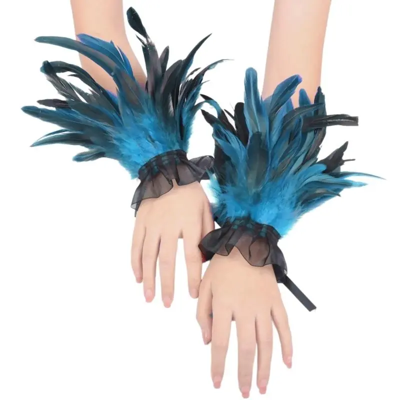 652F Feathered Hand Cuffs Women Punk Arm Sleeves Halloween Party Wrist Decoration Arm Cuffs Armwear for Various Occasion