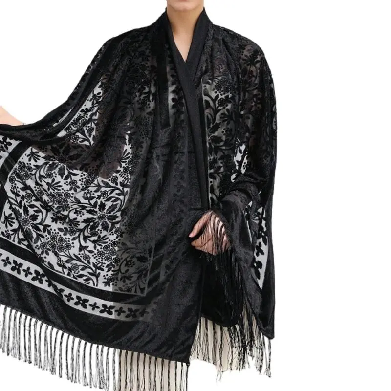 652F Luxurious Shawl for Women Evening Dress Shoulder Wrap Multifunctional Long Fringed Scarf with Embroidery