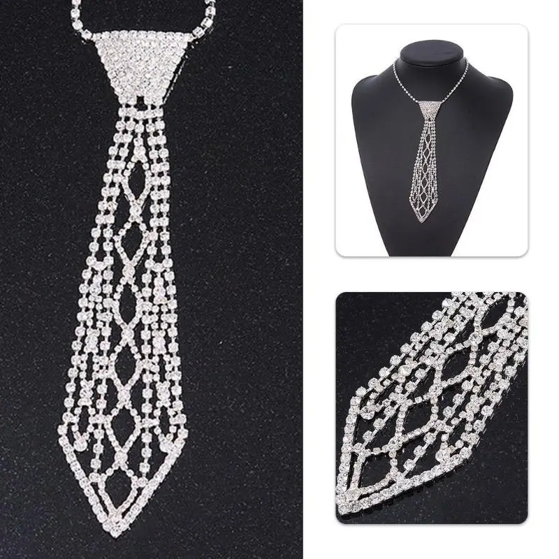 652F Punk Necktie Necklace with Shimmering Rhinestones for Fashion Enthusiasts Crystal Necklace for Weddings and Parties