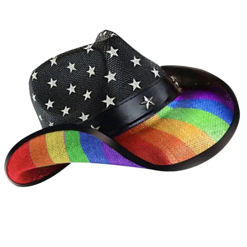 652F Homburg Cowboy Hats with Exotic Belt Star Trim Knight Hat Straw Top Hat Rainbow Porkpie Hat for Boy Men Straw Hat