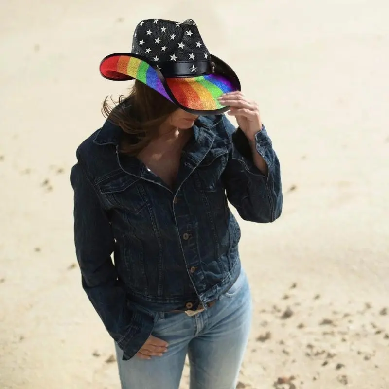 652F Homburg Cowboy Hats with Exotic Belt Star Trim Knight Hat Straw Top Hat Rainbow Porkpie Hat for Boy Men Straw Hat