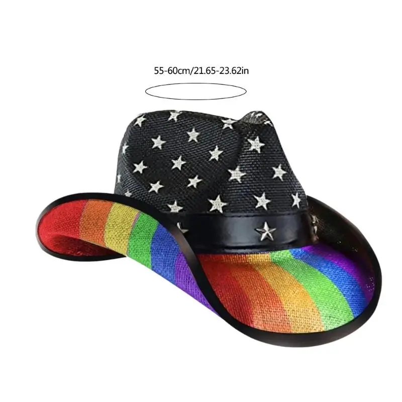 652F Homburg Cowboy Hats with Exotic Belt Star Trim Knight Hat Straw Top Hat Rainbow Porkpie Hat for Boy Men Straw Hat