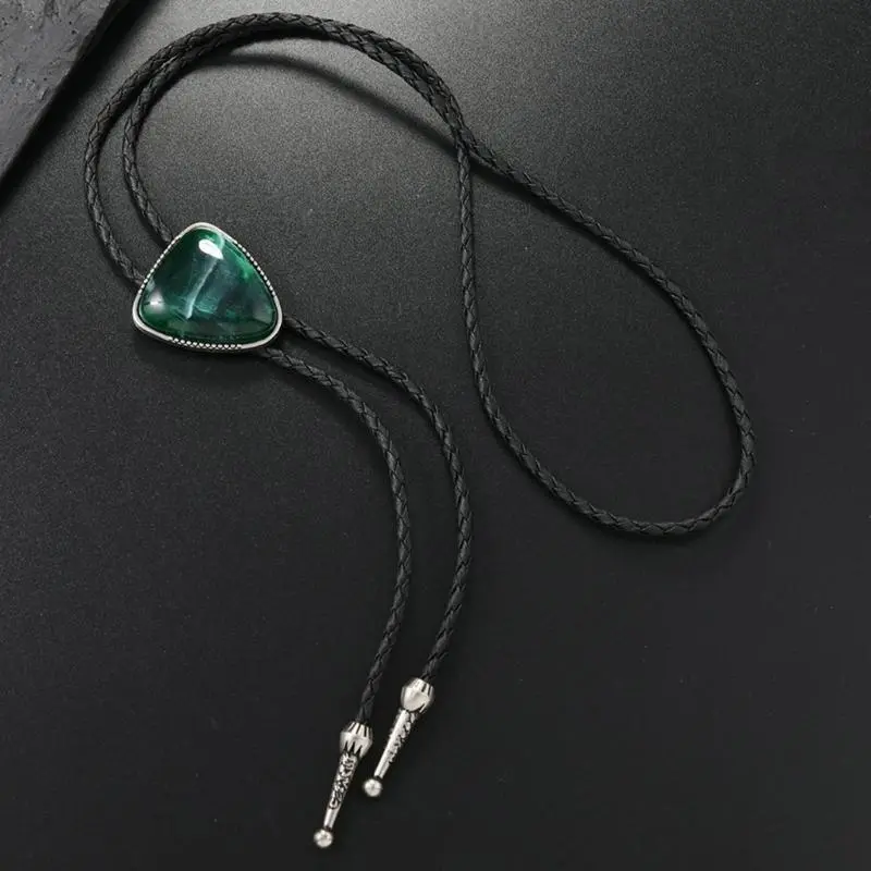 652F Triangular Stone Bolo Tie Faux Leather Cord Rodeos Pendant Necktie for Men and Women Necklace for Formal or Casual Wear