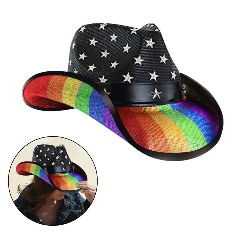 652F Homburg Cowboy Hats with Exotic Belt Star Trim Knight Hat Straw Top Hat Rainbow Porkpie Hat for Boy Men Straw Hat