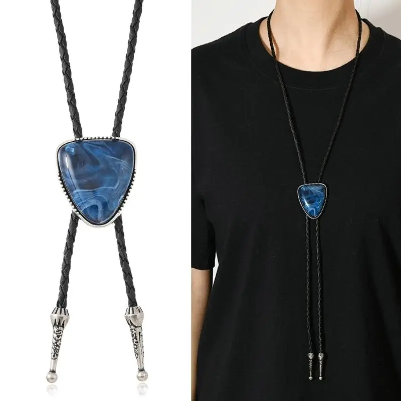 652F Triangular Stone Bolo Tie Faux Leather Cord Rodeos Pendant Necktie for Men and Women Necklace for Formal or Casual Wear