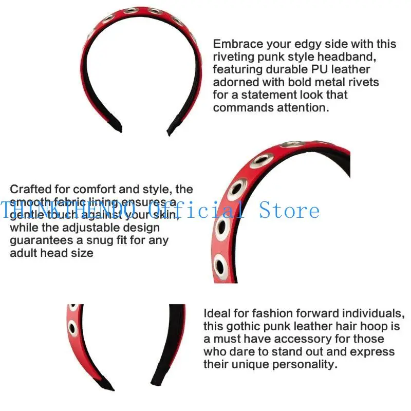 39BB Punk Rivets Hair Accessory PU Leather Gothic Headband for Daily Wear and Parties