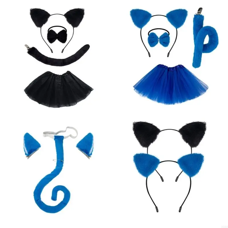 652F Kids Cats Costumes Set Cats Ears Headbands Tail Bowtie Skirt Animal Cosplay Costumes for Halloween Christmas Party