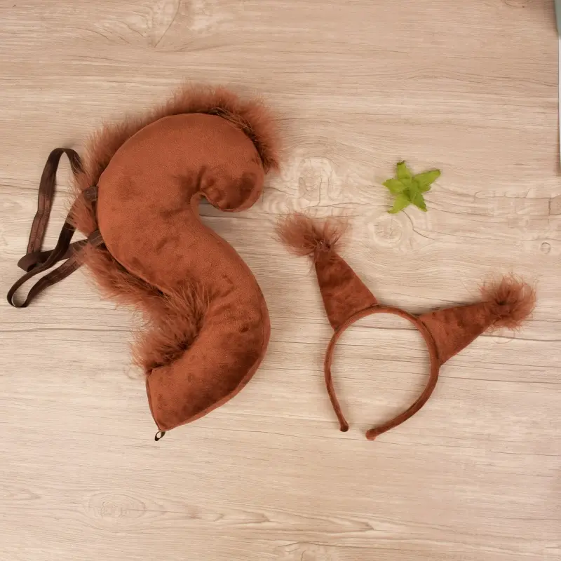 652F for Creative Squirrel Ears Shape Headband and Tail Halloween Cosplay Costume Party Accessories for Children Rave Party