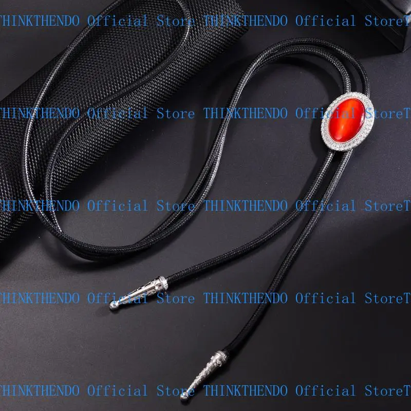 652F Western Braided Rope Bolo Tie with Oval Stone Pendant Jewelry Necktie Adjustable Chain Necklace for Men Women