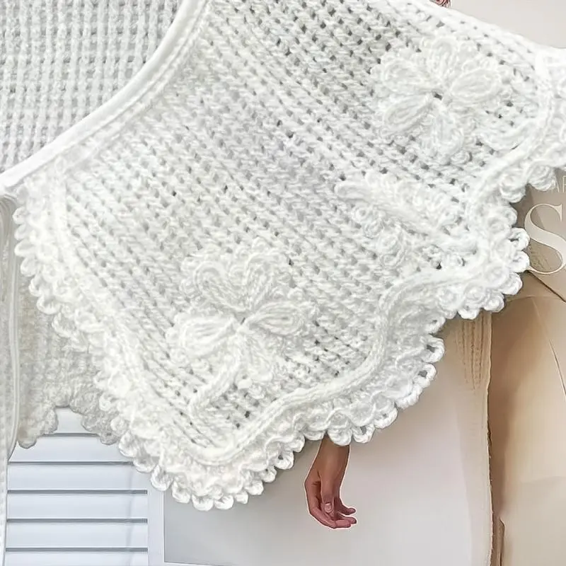652F Women Hollowed Crochet Knit Flower Faux Collar Shawl Mini Capelet Woolen Scarf for Collarless Shirt and Sweater Dress
