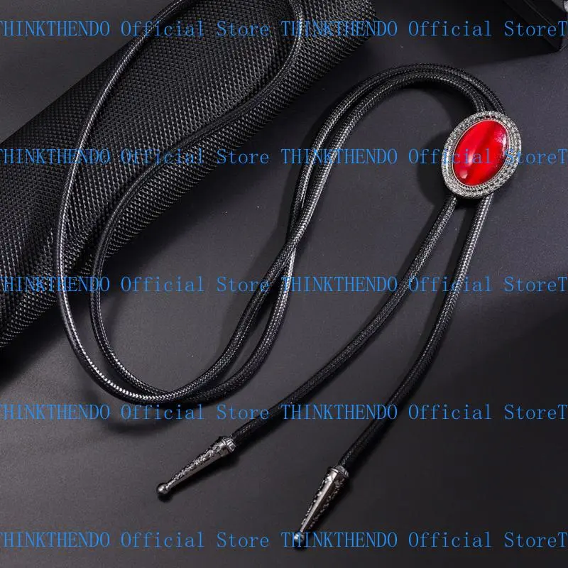 652F Western Braided Rope Bolo Tie with Oval Stone Pendant Jewelry Necktie Adjustable Chain Necklace for Men Women