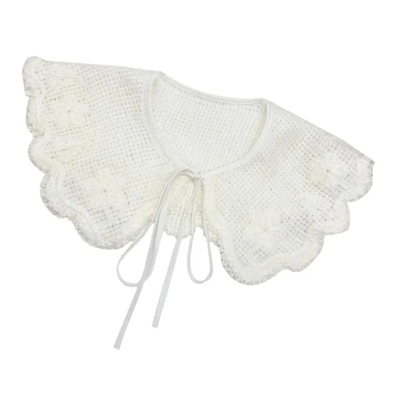 652F Women Hollowed Crochet Knit Flower Faux Collar Shawl Mini Capelet Woolen Scarf for Collarless Shirt and Sweater Dress