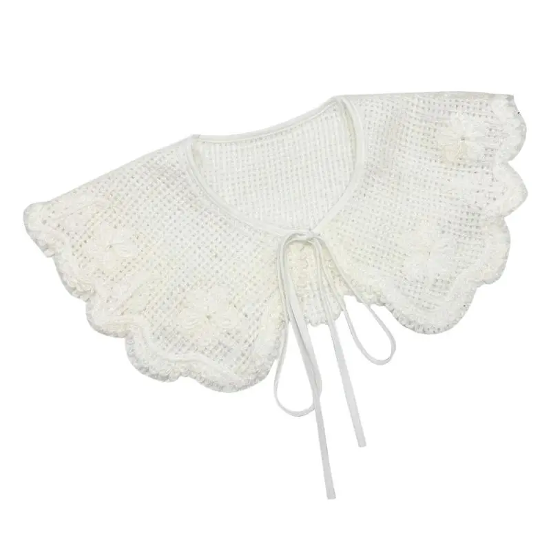652F Women Hollowed Crochet Knit Flower Faux Collar Shawl Mini Capelet Woolen Scarf for Collarless Shirt and Sweater Dress