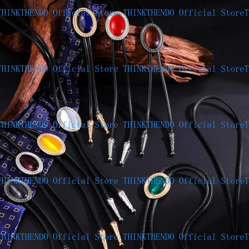 652F Western Braided Rope Bolo Tie with Oval Stone Pendant Jewelry Necktie Adjustable Chain Necklace for Men Women