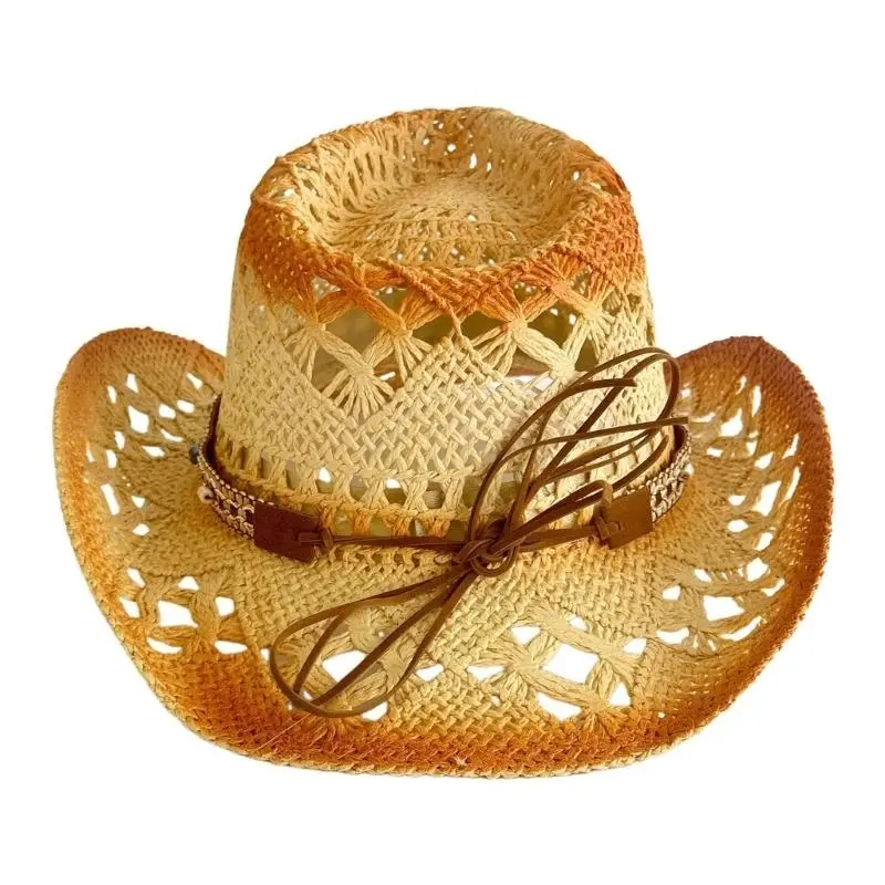 652F Elegant Wide Brimmed Straw Hat Handwoven Breathable Woven Hat Holiday Lady Vacation Hat Western Sun Hat