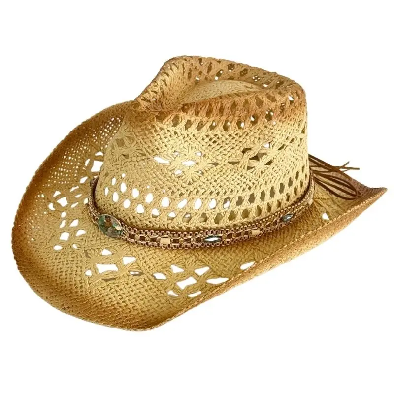 652F Elegant Wide Brimmed Straw Hat Handwoven Breathable Woven Hat Holiday Lady Vacation Hat Western Sun Hat