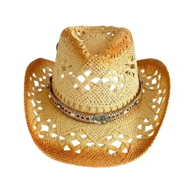 652F Elegant Wide Brimmed Straw Hat Handwoven Breathable Woven Hat Holiday Lady Vacation Hat Western Sun Hat