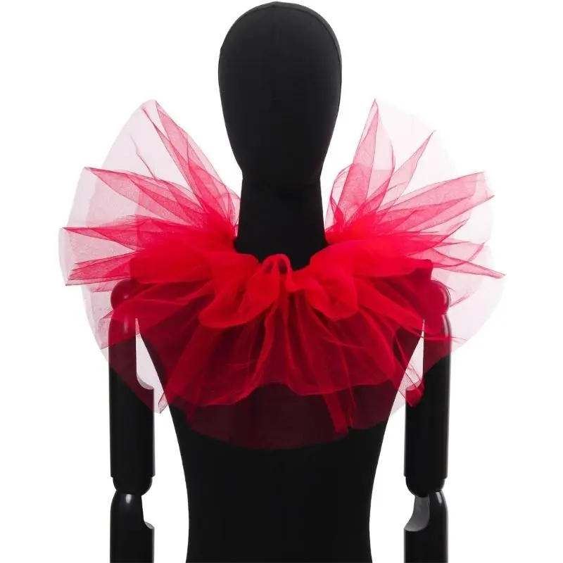 652F Vintage Clown Collar White Ruffle Tulle Collar for Masquerades Party Roleplay Stage Performances Costume Accessory