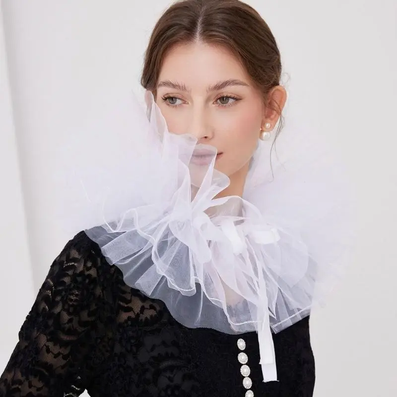 652F Retro Ruffled Collar Girls Tulle Victorian Collar Lapel Medieval Cosplay Victorian Ruffled Tie Collar