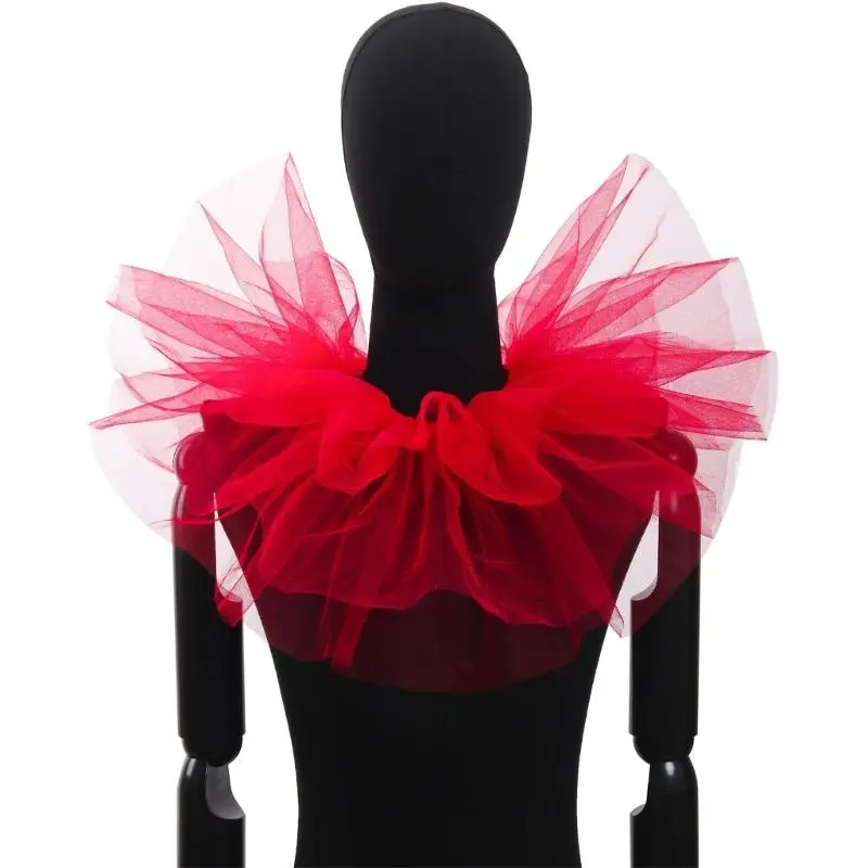 652F Vintage Clown Collar White Ruffle Tulle Collar for Masquerades Party Roleplay Stage Performances Costume Accessory