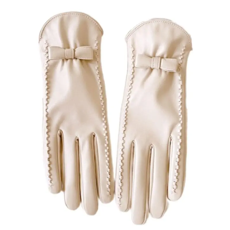 652F Women's Fleece Liner PU Leather Gloves with Bows for Comfortable and Warmth Cold Weather Windproof Gloves Warm Handwear