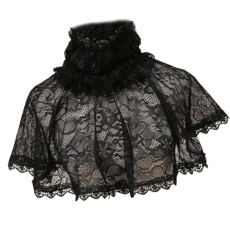 652F Gothic Ruffled Collar Capelet Cosplay Pullover Victorian Collar Lapel Medieval Cosplay Victorian Ruffled Lace Collar