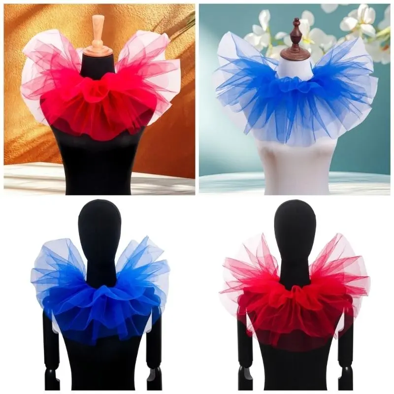 652F Vintage Clown Collar White Ruffle Tulle Collar for Masquerades Party Roleplay Stage Performances Costume Accessory