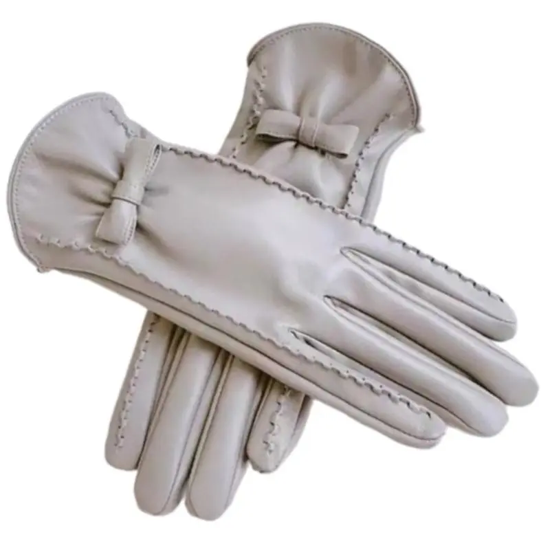 652F Women's Fleece Liner PU Leather Gloves with Bows for Comfortable and Warmth Cold Weather Windproof Gloves Warm Handwear