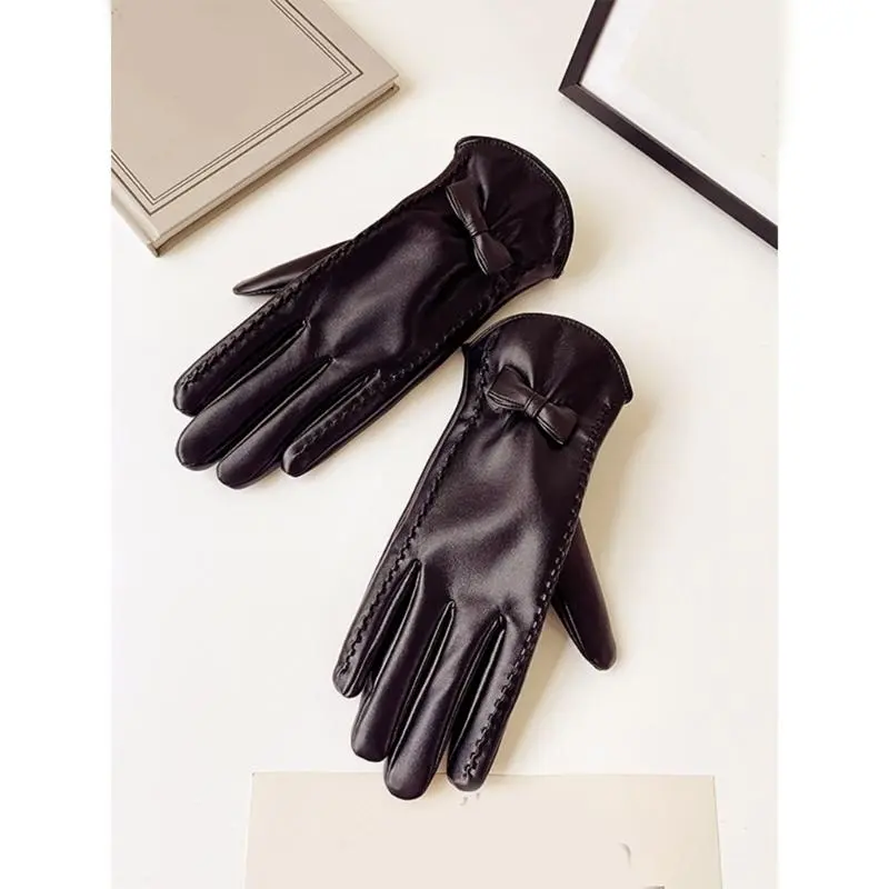 652F Women's Fleece Liner PU Leather Gloves with Bows for Comfortable and Warmth Cold Weather Windproof Gloves Warm Handwear