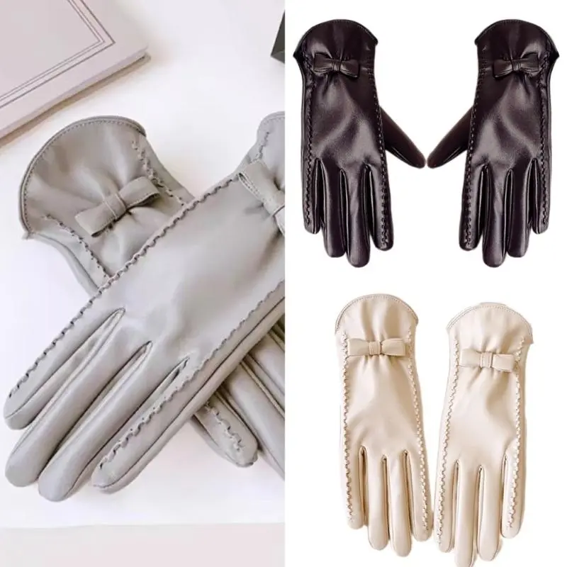 652F Women's Fleece Liner PU Leather Gloves with Bows for Comfortable and Warmth Cold Weather Windproof Gloves Warm Handwear