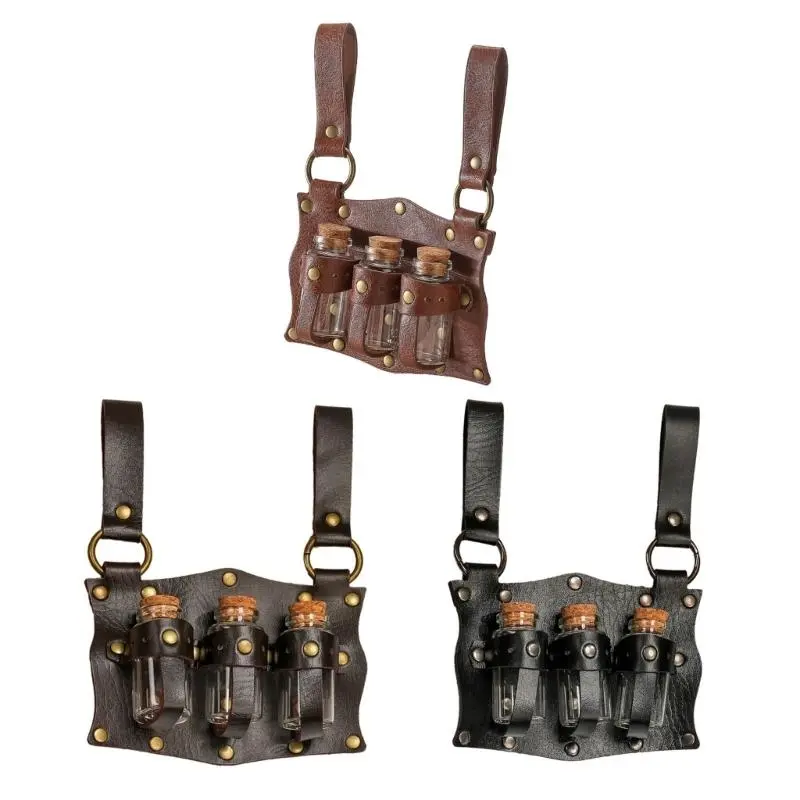 652F Medieval Renaissances Witch Props Fantasy Wizard Handmade Potion Belt Pouches for Costume Event