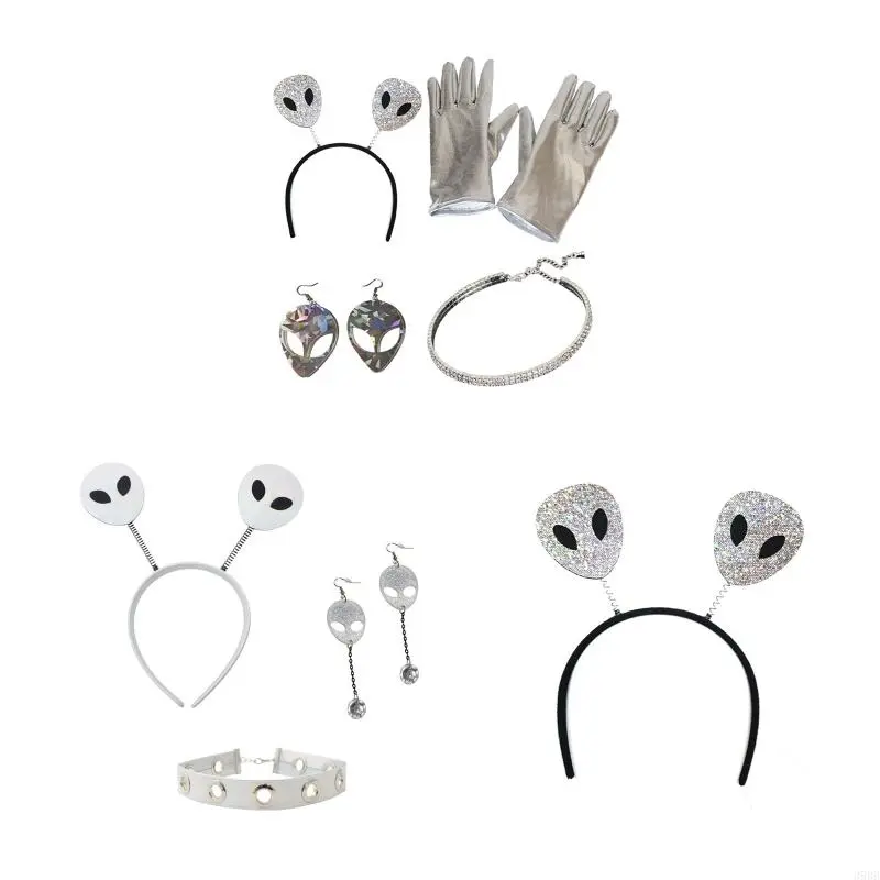 652F Alien Costume Set Alien Headband Earring Necklace Gloves Alien Fancy Costume Accessories for Halloween Cosplay