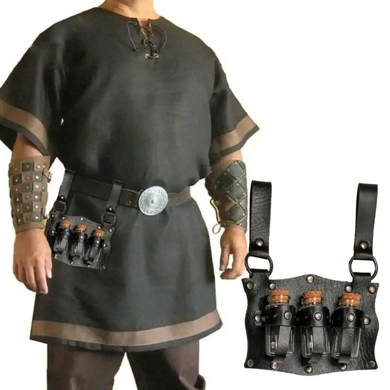 652F Medieval Renaissances Witch Props Fantasy Wizard Handmade Potion Belt Pouches for Costume Event