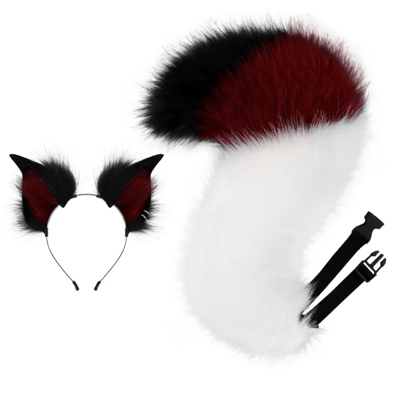 652F 2Pcs Animal Cosplay Costume Fauxs Furs Wolf Cats Foxes Tail and Cats Ears Headbands Halloween Party Costume Accessories