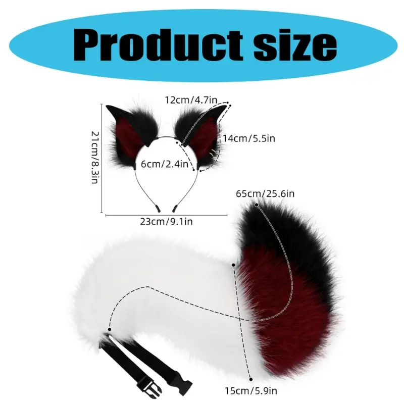 652F 2Pcs Animal Cosplay Costume Fauxs Furs Wolf Cats Foxes Tail and Cats Ears Headbands Halloween Party Costume Accessories