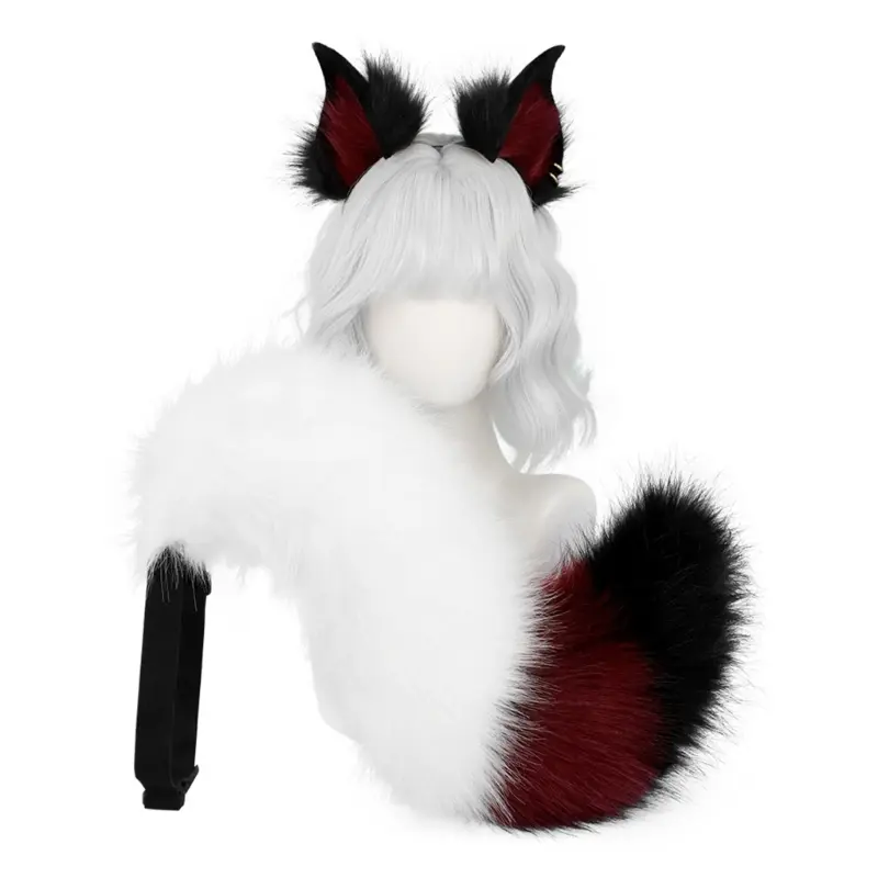 652F 2Pcs Animal Cosplay Costume Fauxs Furs Wolf Cats Foxes Tail and Cats Ears Headbands Halloween Party Costume Accessories