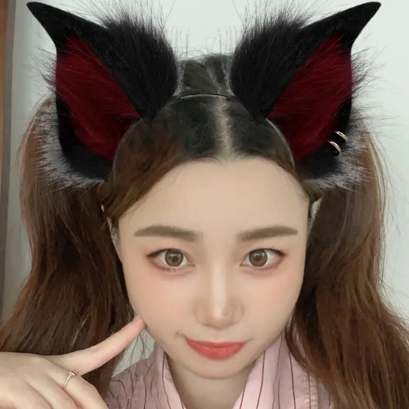 652F 2Pcs Animal Cosplay Costume Fauxs Furs Wolf Cats Foxes Tail and Cats Ears Headbands Halloween Party Costume Accessories