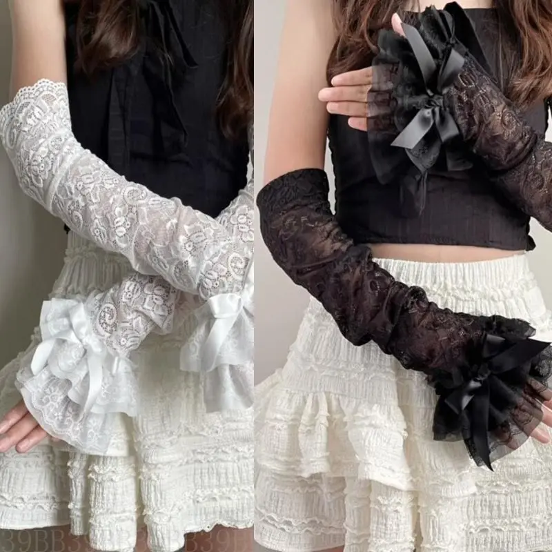 652F Womens Sleeve Bridal Wrist Gloves Graceful Wrist Warmer Gloves Lace Fingerless Gloves for Halloween Party