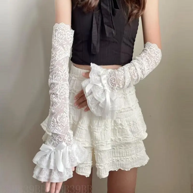 652F Womens Sleeve Bridal Wrist Gloves Graceful Wrist Warmer Gloves Lace Fingerless Gloves for Halloween Party