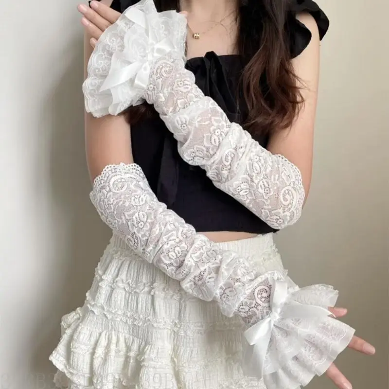652F Womens Sleeve Bridal Wrist Gloves Graceful Wrist Warmer Gloves Lace Fingerless Gloves for Halloween Party