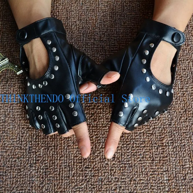 652F Cool Nightclub PU Gloves for Christmas Halloween Party for Women and Girls for Punk Disco Dancing Half Finger Gloves