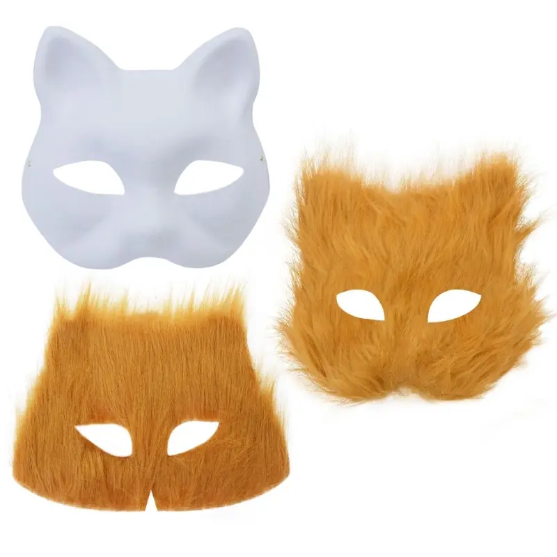 Paintable Cats Face Mask with Furry Trim Adhesive Fabric Unpainted Masquerades Mask for Kid Adult Adhesive Party Mask