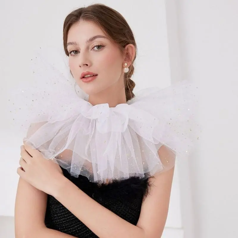 652F Lace Puff Collar Adjustable Belt Tulle Collar for Masquerades Stage Performances Victorian Styles Costume Collar