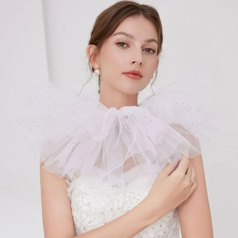 652F Lace Puff Collar Adjustable Belt Tulle Collar for Masquerades Stage Performances Victorian Styles Costume Collar